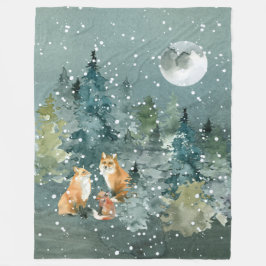 Fox-familjen i Forest Full Moon Snowfall Fleecefilt