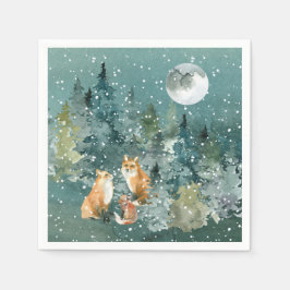 Fox-familjen i Forest Full Moon Snowfall-Helgdag Pappersservett