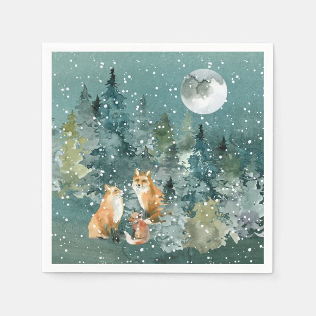 Fox-familjen i Forest Full Moon Snowfall-Helgdag Pappersservett (Framsidan)
