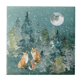 Fox-familjen i Forest Full Moon Snowfall Kakelplatta