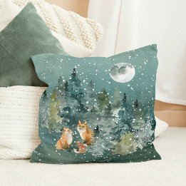 Fox-familjen i Forest Full Moon Snowfall Kudde
