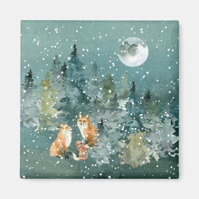 Fox-familjen i Forest Full Moon Snowfall Magnet (Framsidan)