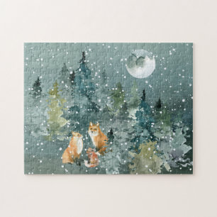 Fox-familjen i Forest Full Moon Snowfall Pussel