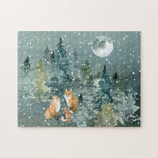 Fox-familjen i Forest Full Moon Snowfall Pussel (Horisontell)