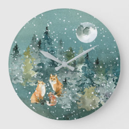 Fox-familjen i Forest Full Moon Snowfall Stor Klocka