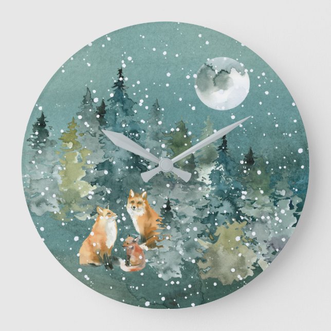 Fox-familjen i Forest Full Moon Snowfall Stor Klocka (Framsida)