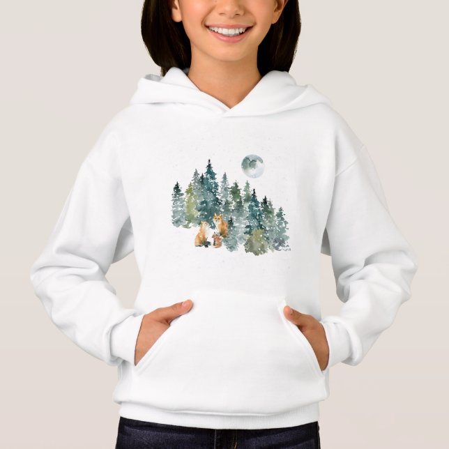 Fox-familjen i Forest Full Moon Snowfall T Shirt (Framsida)
