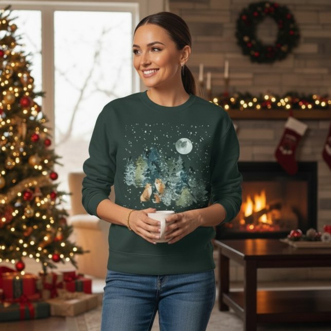 Fox-familjen i Forest Full Moon Snowfall T Shirt (Fox Family in Forest Full Moon Snowfall Sweatshirt)