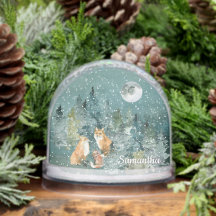 Fox-familjen i Forest Full Moon Snowfall Watercolo