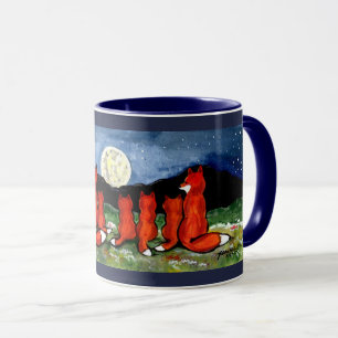 Fox-familjen tittar på Måne Mörk blått design Mugg