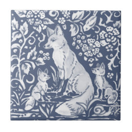 Fox Family Blue White Woodland Forest Denim Kakelplatta