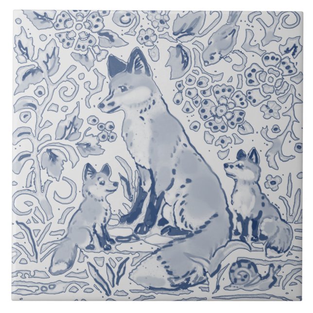 Fox Family Denim Blue White / Grått Woodland Kakelplatta (Framsidan)