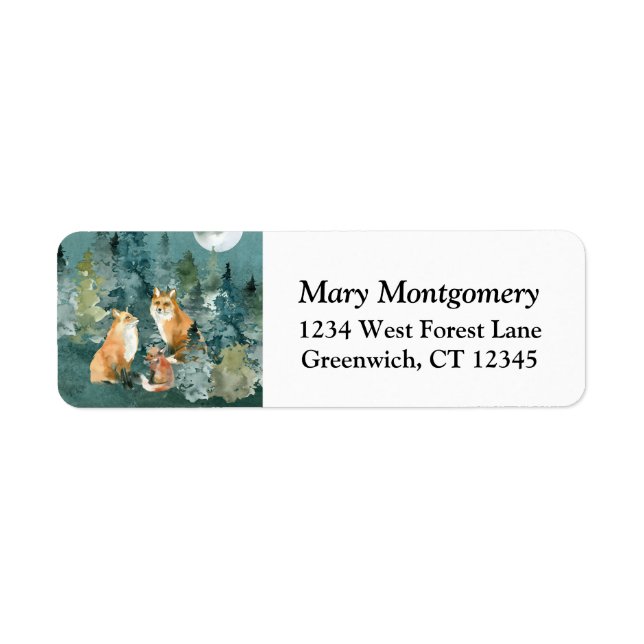 Fox Family Forest Full Moon Adress Returadress Etikett (Framsidan)