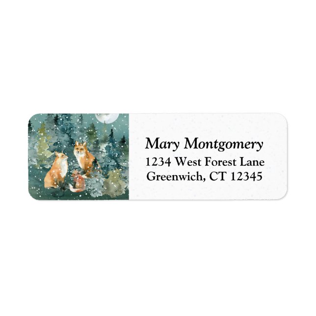 Fox Family Forest Full Moon Snö Returadress Returadress Etikett (Framsidan)