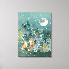 Fox Family Forest Full Moon Snowfall Canvastryck