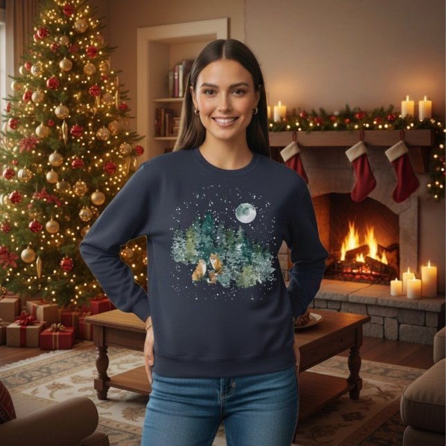 Fox Family Forest Full Moon Snowfall Helgdag T Shirt (Fox Family Forest Full Moon Snowfall Holiday Sweatshirt)