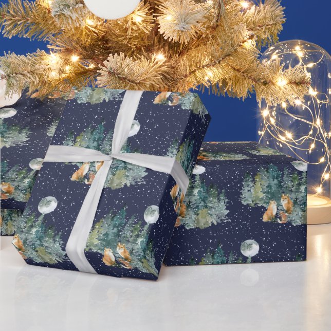 Fox Family Forest Full Moon Snowfall jul Presentpapper (Helgdagar)