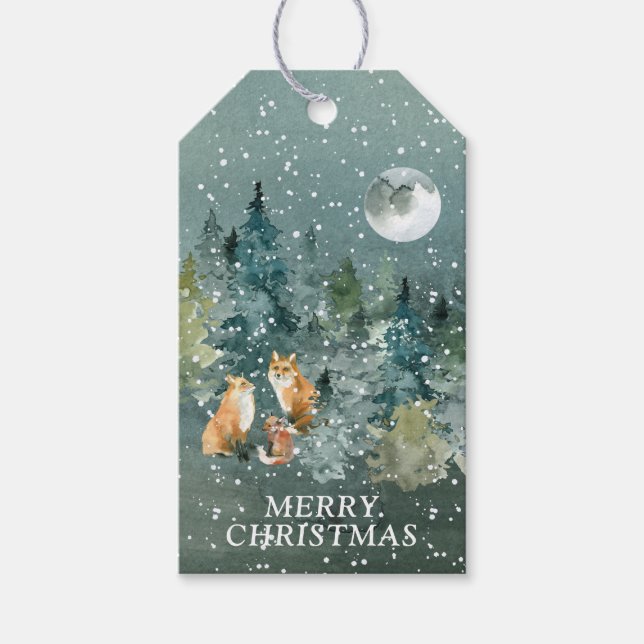 Fox Family Forest Full Moon Snowfall-Personlig Presentetikett (Framsidan)