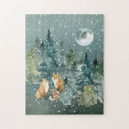 Fox Family Forest Full Moon Snowfall Pussel