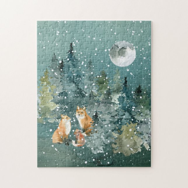 Fox Family Forest Full Moon Snowfall Pussel (Vertikal)