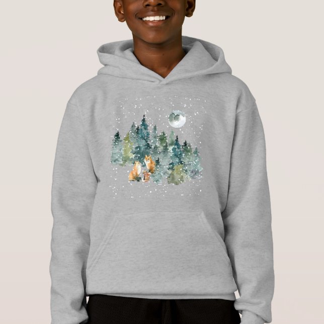 Fox Family Forest Full Moon Snowfall T Shirt (Framsida)