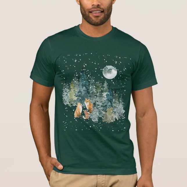 Fox Family Forest Full Moon Snowfall T Shirt (Framsida)