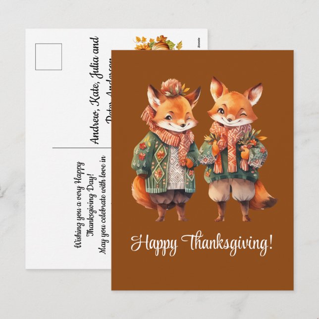Fox Family Happy thanksgiving Helg Vykort (Fram/baksida)
