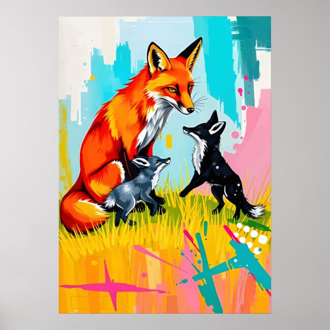 Fox Family Playtime - Neon Wildlife Pop Art Poster (Framsidan)