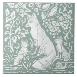 Fox Family Sage Grönt Woodland Forest Foliage Kakelplatta