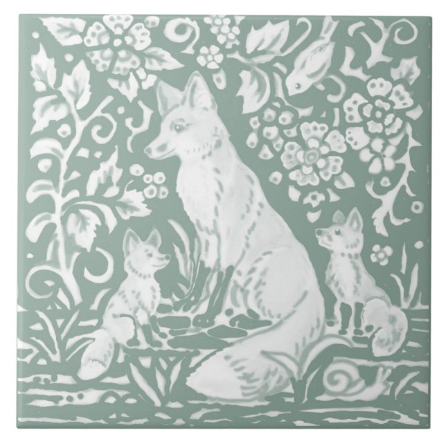 Fox Family Sage Grönt Woodland Forest Foliage Kakelplatta (Framsidan)