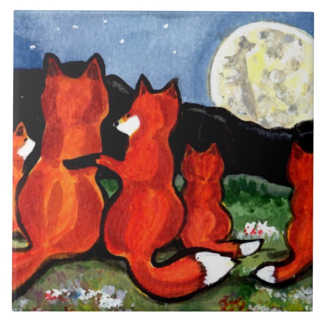 Fox Family Wating Måne Mörk blått 6-tums Tile Triv Kakelplatta (Framsidan)