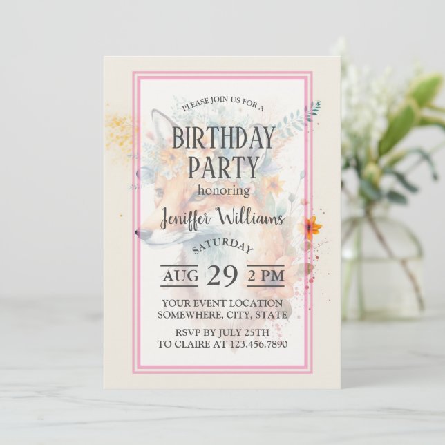 Fox Flower Crown Watercolor                        Inbjudningar (Stående Fram)