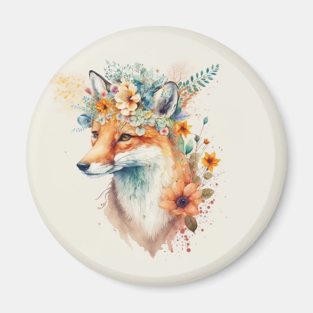 Fox Flower Crown Watercolor                        Magnet (Framsidan)