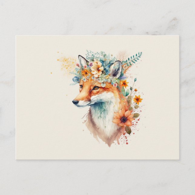 Fox Flower Krona Watercolor Vykort (Framsida)