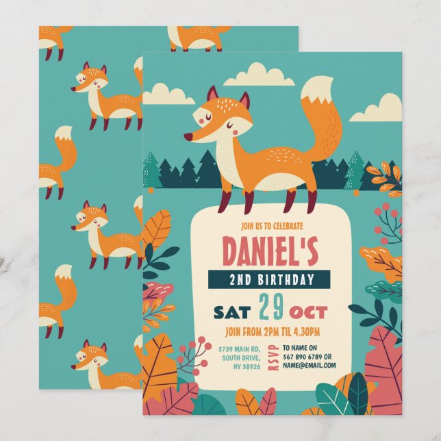 Fox Födelsedagsfest Forest Theme Skogen Boy Girl Inbjudningar (Fram/baksida)