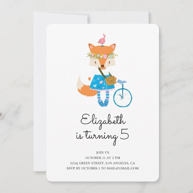 Fox födelsedagsfest inbjudan. Flickan baby. Djuren Inbjudningar (Framsida)