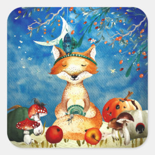 Fox Forest Illustration från hösten Woodland Frien Fyrkantigt Klistermärke