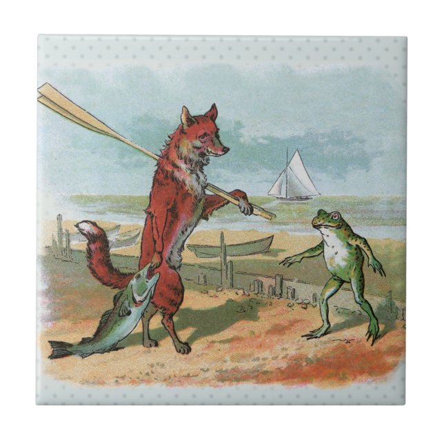 Fox Frog Fishing Antique Illustration Kakelplatta (Framsidan)