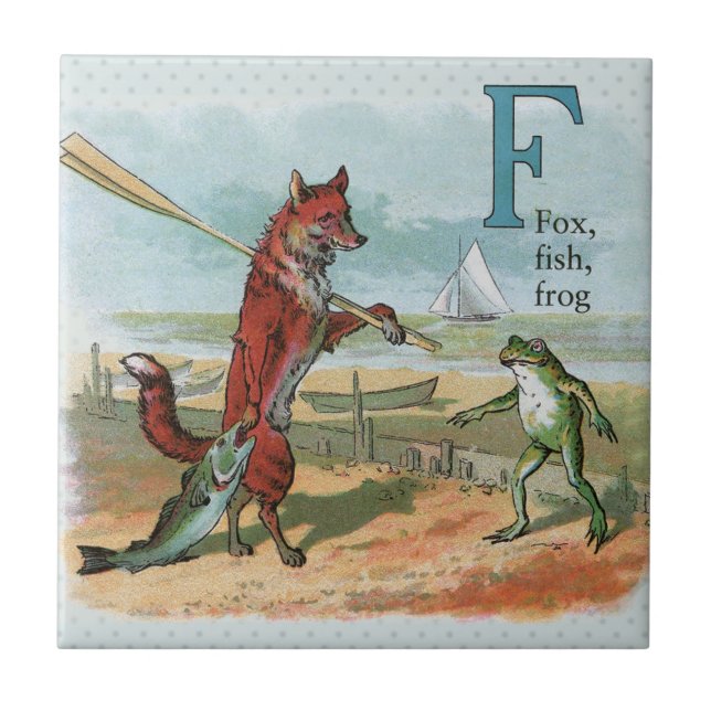 Fox Frog Fishing Antique Illustration Kakelplatta (Framsidan)