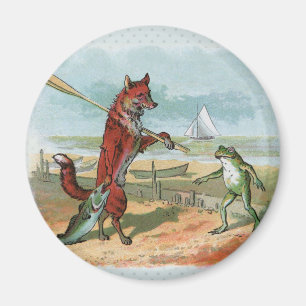 Fox Frog Fishing Antique Illustration Magnet