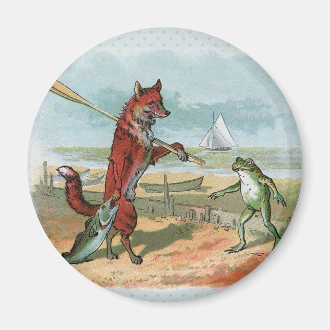 Fox Frog Fishing Antique Illustration Magnet (Framsidan)