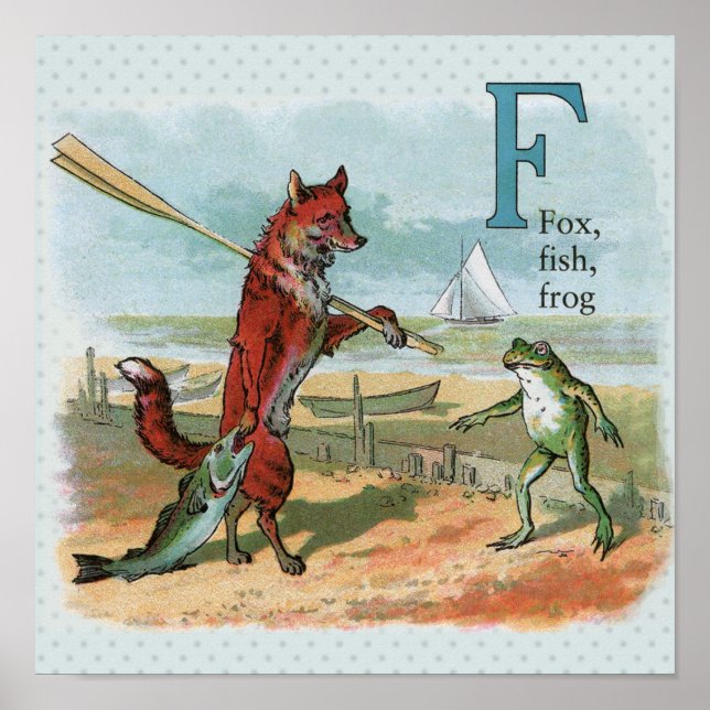 Fox Frog Fishing Antique Illustration Poster (Framsidan)