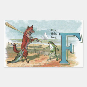 Fox Frog Fishing Antique Illustration Rektangulärt Klistermärke