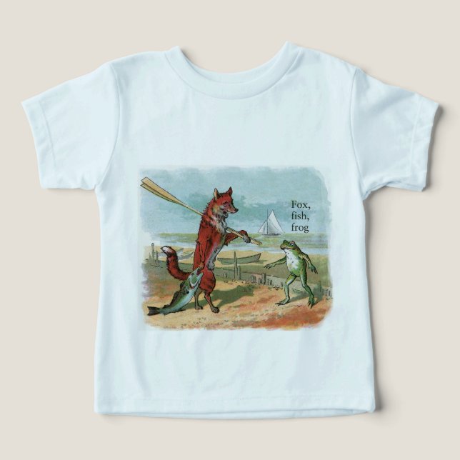 Fox Frog Fishing Antique Illustration T-shirt (Design Framsida)