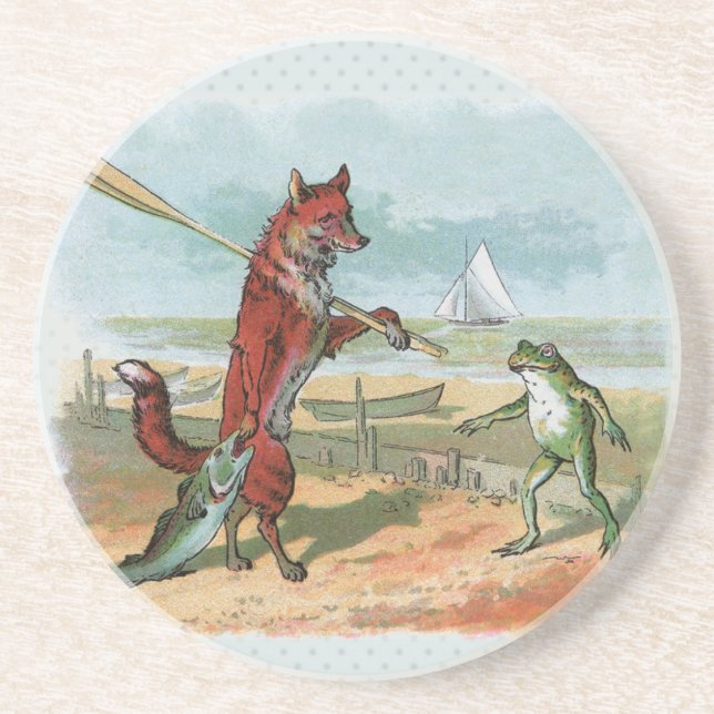 Fox Frog Fishing Antique Illustration Underlägg (Framsidan)