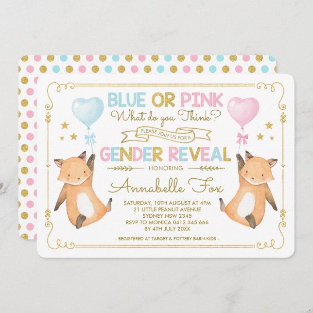 Fox Gender Reveal Baby Shower Blue Rosa Guld Inbjudningar (Fram/baksida)