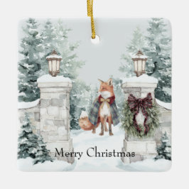 Fox Green Coat Snow Christmas Julgransprydnad Keramik