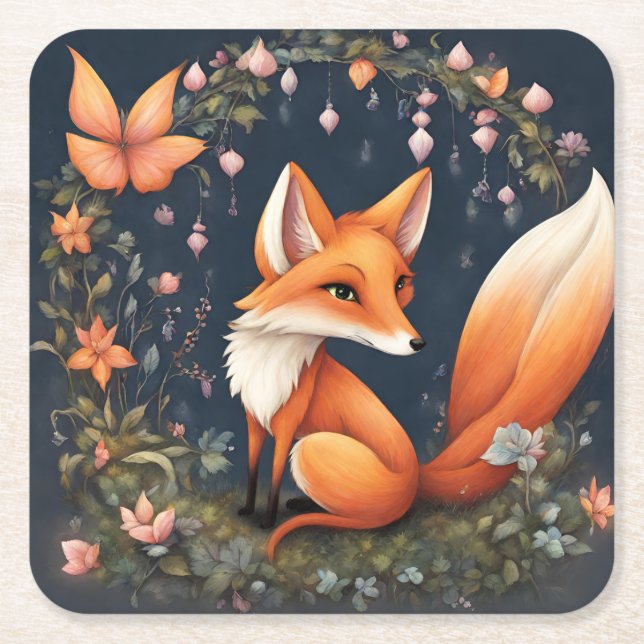Fox i Bloom Underlägg Papper Kvadrat (Framsidan)