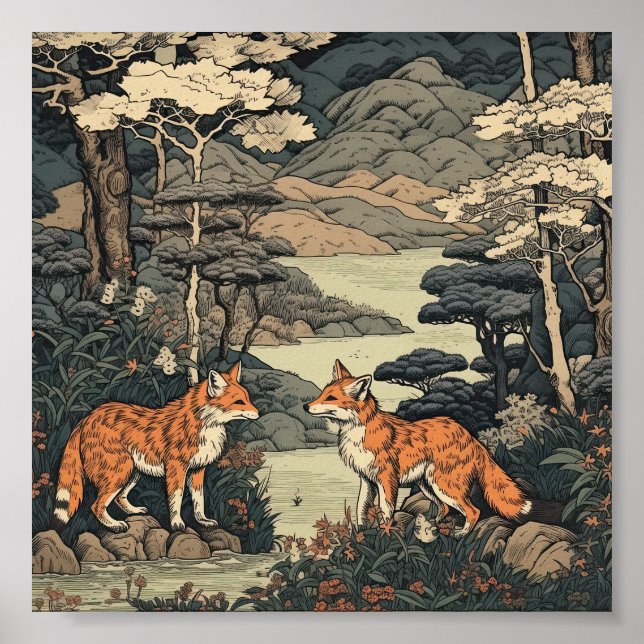 Fox i japanskt landskap poster (Framsidan)