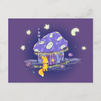 Fox i Lunar Mushroom House Postcard Vykort